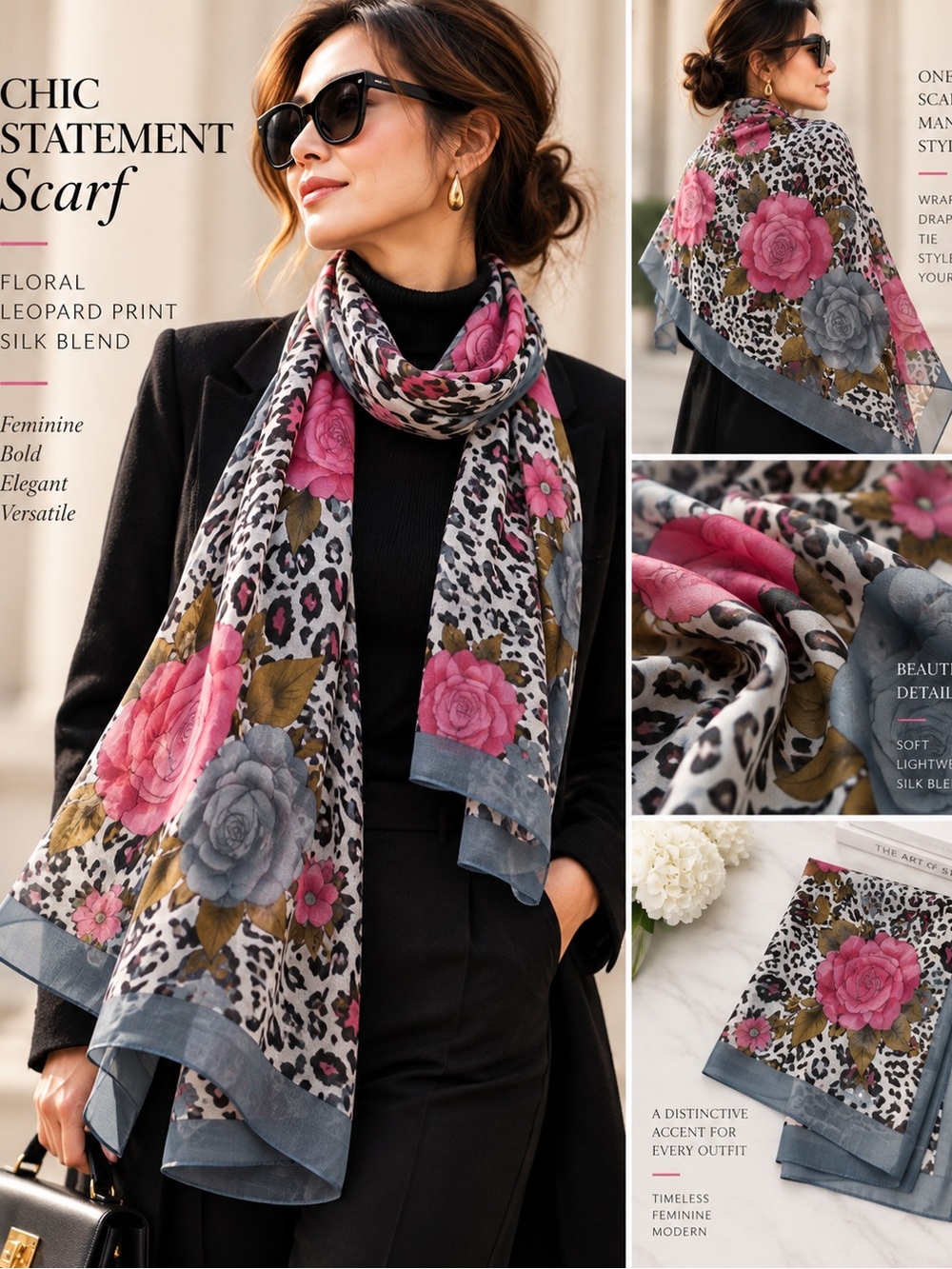 Silk Blend Floral Leopard Print Scarf Pink Rose Gray Border